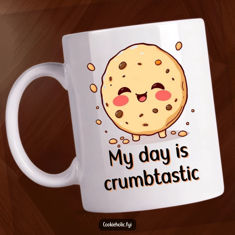 Funny cookie mug with rosy cheeks joyfully sprinkling cookie crumbs, perfect for a cheerful and humorous beverage experience.