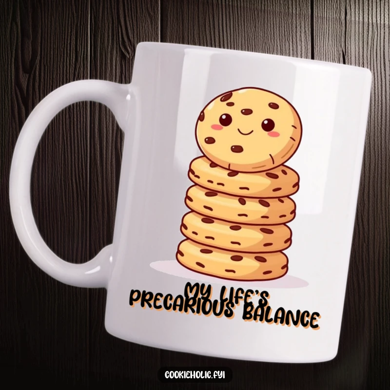 Funny Mug: A single cookie hilariously balances on a tall stack of cookies, showcasing skill and sweet peril.