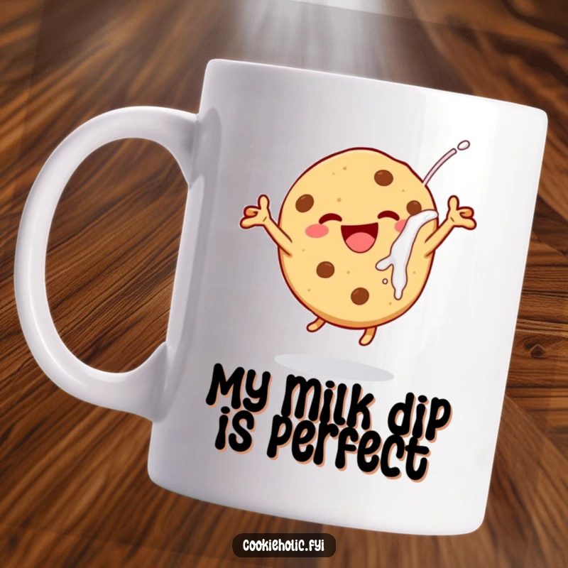 Funny cheerful cookie mug, depicting a cookie leaping with delight after a perfect milk dunk, ideal for humorous beverage enjoyment.