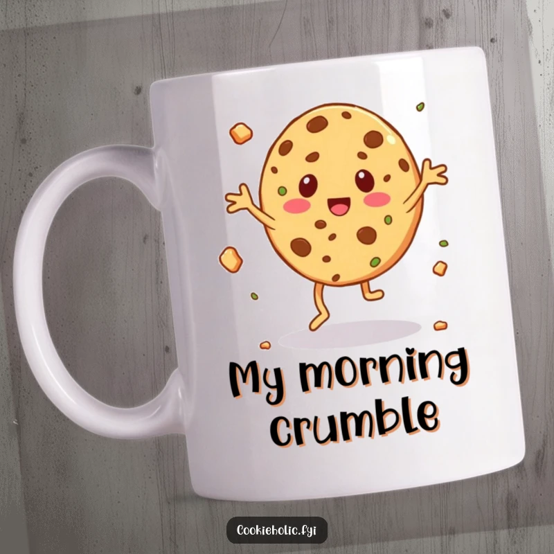 Funny mug depicting a cookie character performing a silly jig with animated crumbs flying all around.