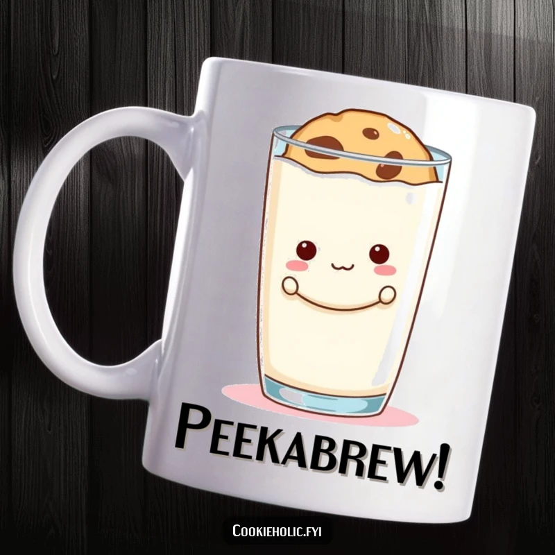 Funny cookie mug with a mischievous chocolate chip cookie peeking playfully from behind a giant glass of milk.