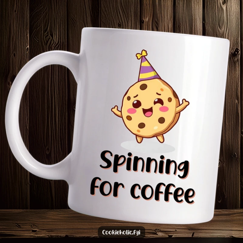 Funny mug featuring a cookie character wearing a party hat, spinning around joyfully with celebratory energy.