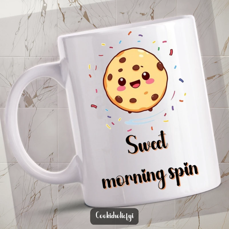 Funny mug featuring a cookie character spinning joyfully in a circle with colorful sprinkles scattering around it, a sweet and humorous gift.
