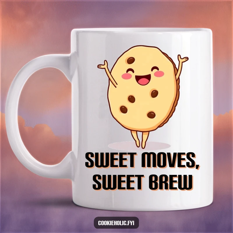 Funny cookie mug, a cookie with a big smile attempting a graceful ballet pose, looking poised and happy.