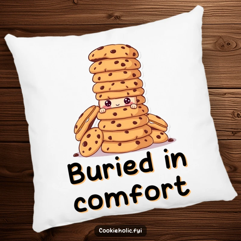 Funny cookie character peeking from behind a towering stack of cookies on a soft pillow.