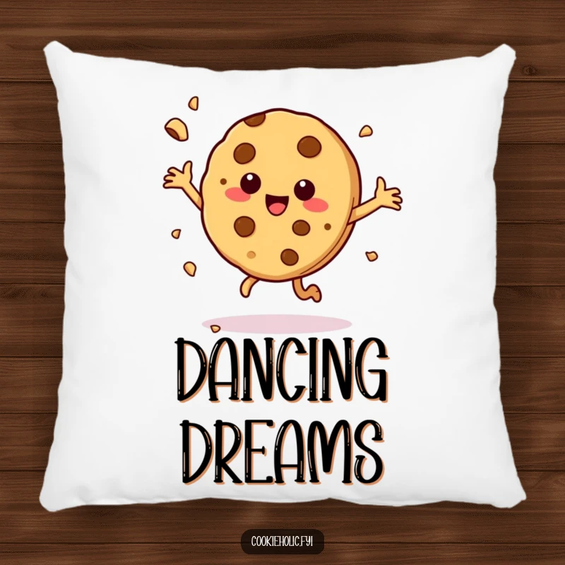 Funny pillow featuring a cheerful cookie character dancing energetically, crumbs scattered, offering comfort and humor.