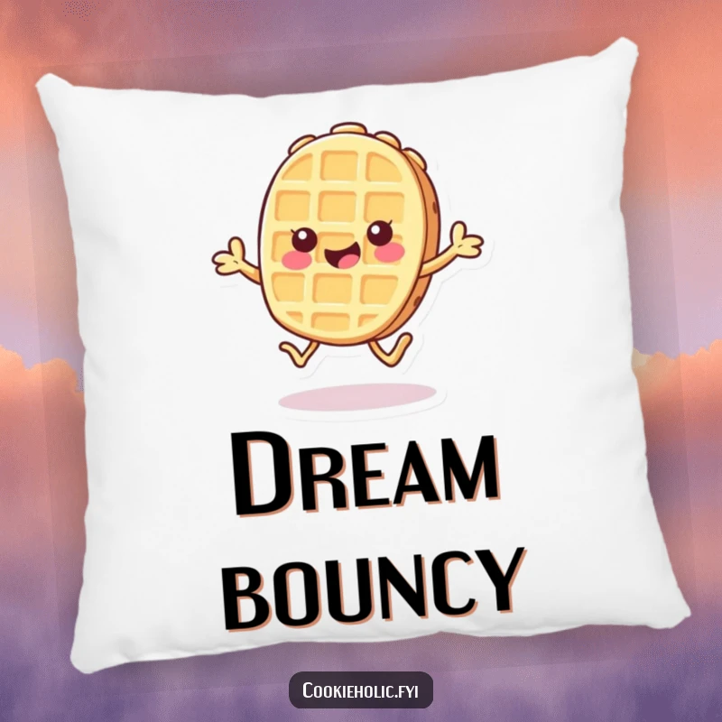 Funny pillow with a Kawaii waffle cookie character doing a cheerful hop, offering comfort and playful happiness.