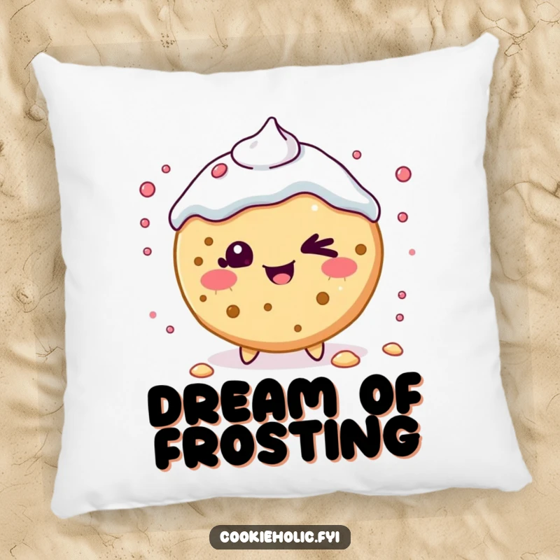 Funny Pillow: A Kawaii cookie character winks playfully, scattering frosting for a cozy and cheerful atmosphere.