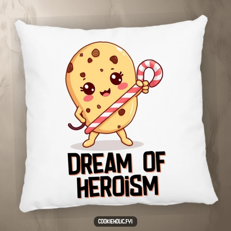 Funny Pillow: A Kawaii cookie character strikes a heroic pose with a candy cane, offering comfort and courage.