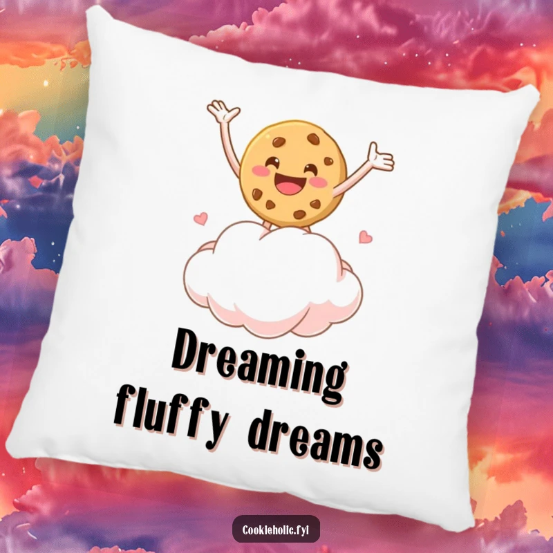 Funny pillow featuring a cookie character joyfully bouncing on a marshmallow cloud, offering comfort and whimsical charm.