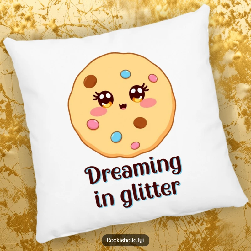 Funny pillow depicting a kawaii cookie character with eyes that sparkle like festive candy decorations, offering cozy charm.