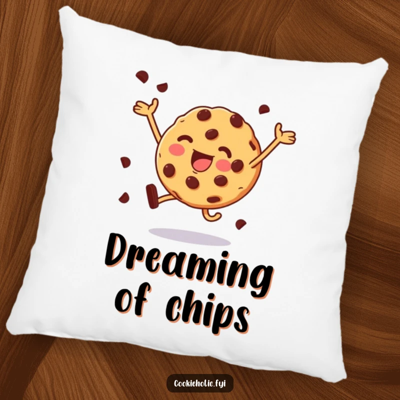 Funny pillow with a chocolate chip cookie captured in a spirited leap, offering comfort and cookie charm.