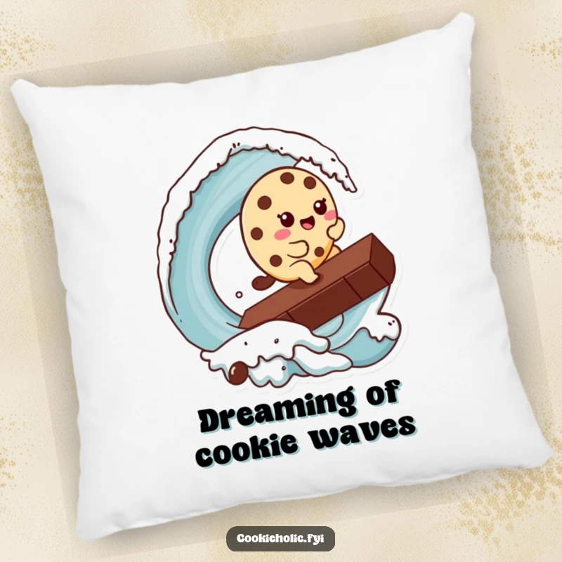 Funny Kawaii cookie character cheerfully surfing a giant chocolate chip wave, depicted on a soft, funny accent pillow.