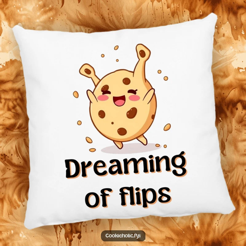 Funny pillow: A round cookie character happily does a somersault with crumbs flying, symbolizing pure joy and playfulness.