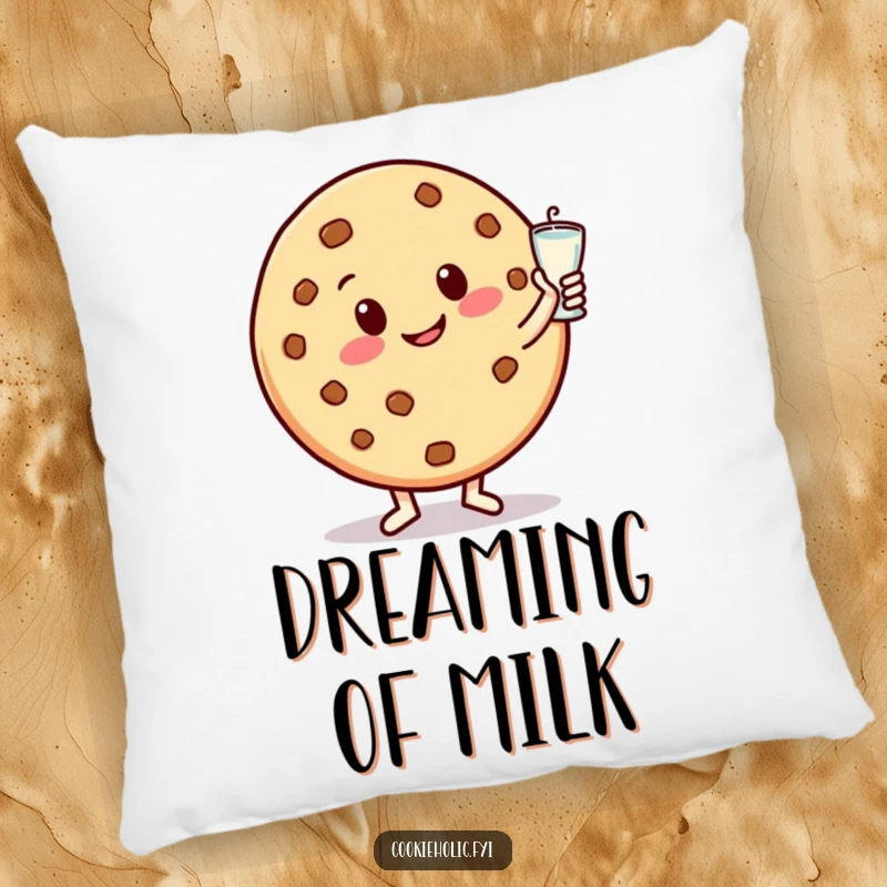 Funny pillow featuring a happy cookie character smiling and dancing with a milk glass, offering comfort with a touch of sweet humor.
