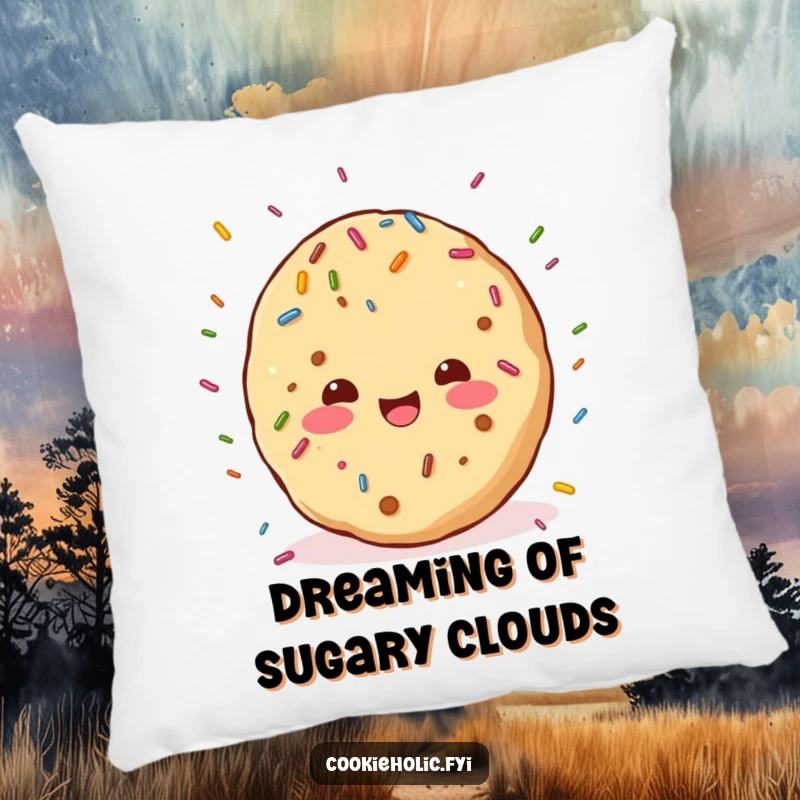 Funny pillow depicting a kawaii cookie character joyful under a delightful rainfall of colorful sprinkles, bringing cozy cheer.