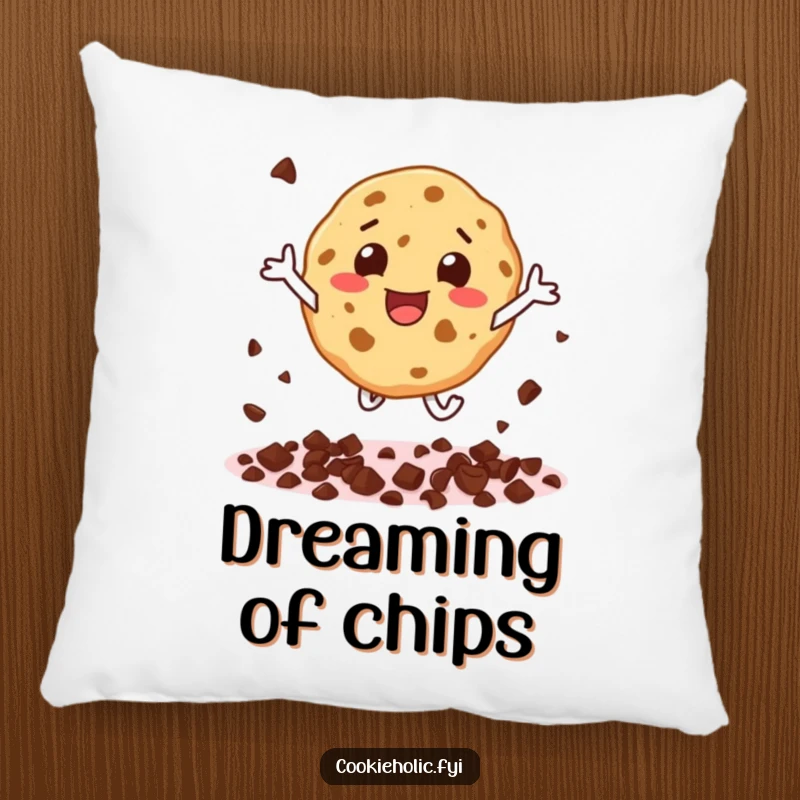 Funny pillow featuring a jubilant cookie character scattering chocolate chips during an ecstatic leap.