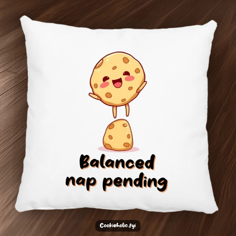Funny cookie character pillow, a plush representation of a cookie perfectly balanced on its edge, looking utterly delighted.