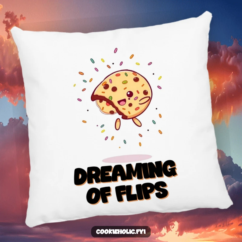 Funny Pillow: A cookie performs a flip with sprinkles flying, a humorous and dynamic decorative accent.