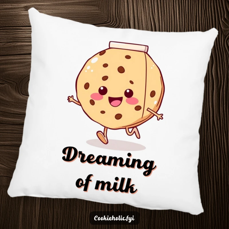 Funny pillow depicting a smiling cookie with tiny legs running joyfully towards a giant milk carton, offering comfort and cute humor.