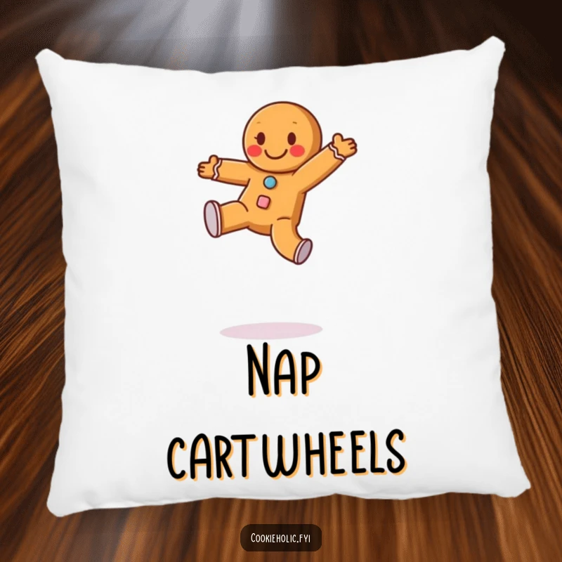Funny pillow with a happy gingerbread man with frosting buttons doing a cartwheel, offering cozy comfort and holiday cheer.