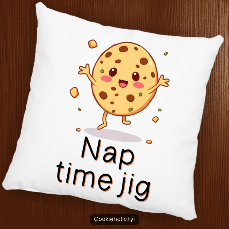 Funny pillow featuring a cookie character in a silly jig, with crumbs flying dynamically around it.