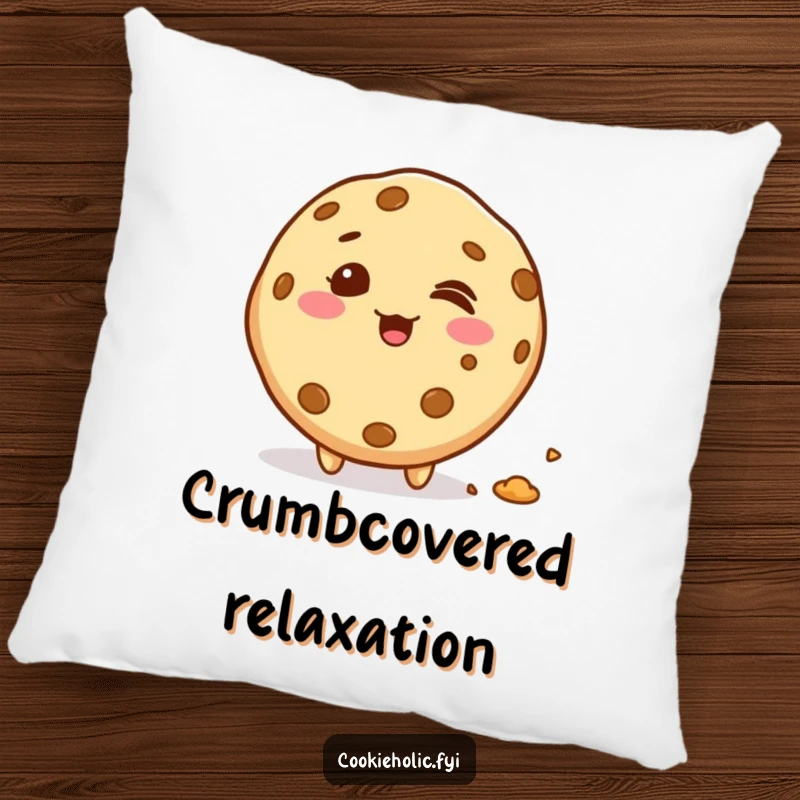 Funny giggling kawaii cookie character leaving a trail of crumbs, soft decorative pillow for snack lovers, comfortable and funny gift.