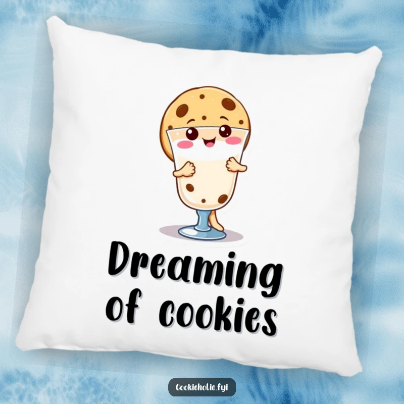Funny happy kawaii cookie character dancing around milk, soft decorative pillow for sweet lovers, comfortable and funny gift.