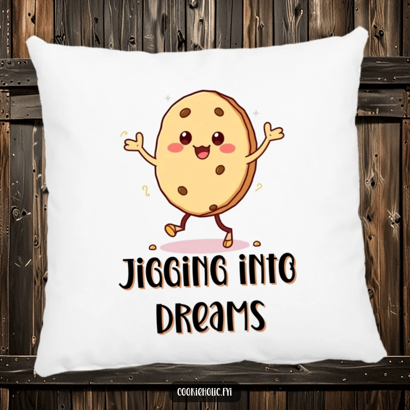Funny pillow depicting a kawaii cookie character performing a silly jig, with crumbs falling from its feet, soft and cuddly.