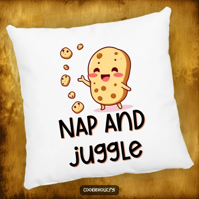 Funny Pillow: A Kawaii cookie character excitedly juggles cookie pieces, offering comfort and cheer.