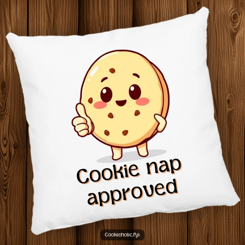 Funny delighted kawaii cookie character giving a thumbs-up, soft decorative pillow for happy people, comfortable and funny gift.