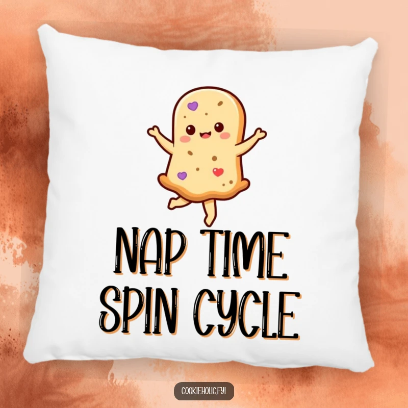 Funny kawaii shortbread cookie character captured mid-twirl on a soft pillow, providing humorous comfort and decor.
