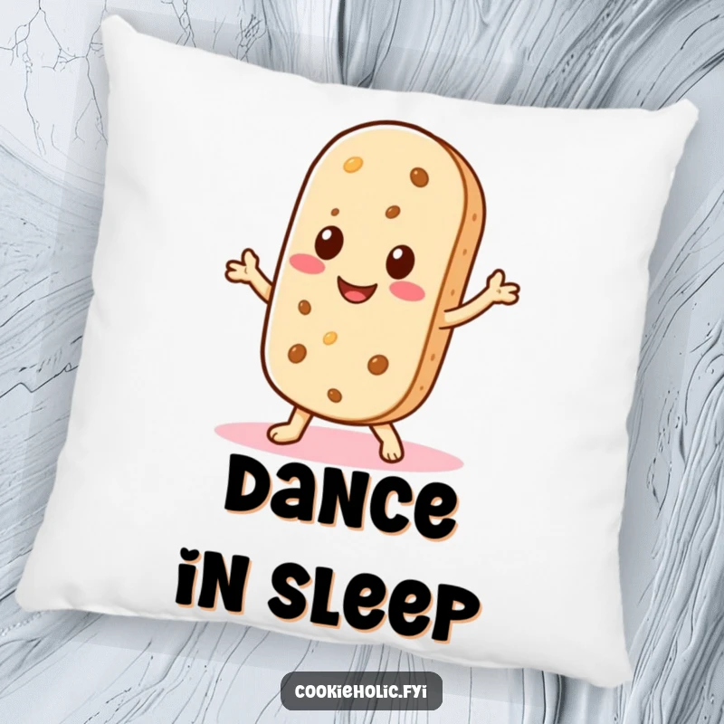 Funny pillow with a Kawaii wafer cookie character smiling and doing a little shimmy, offering comfort and playful fun.