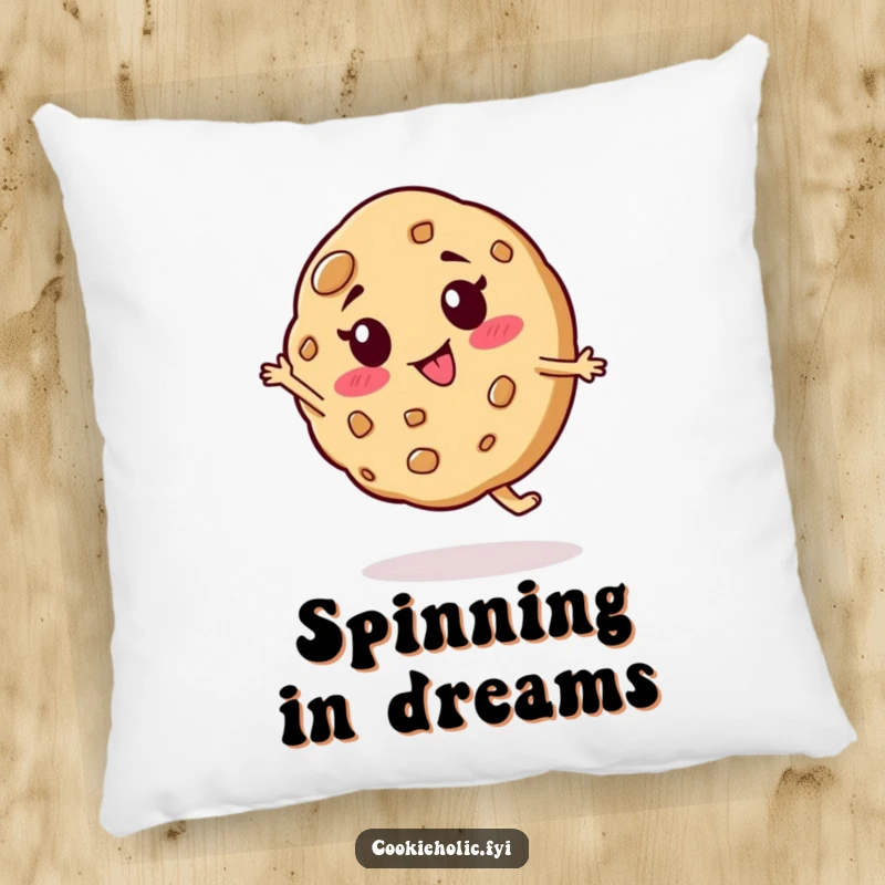 Funny pillow showcasing a cookie character with a goofy expression doing a silly spin, designed for comfort and playful vibes.
