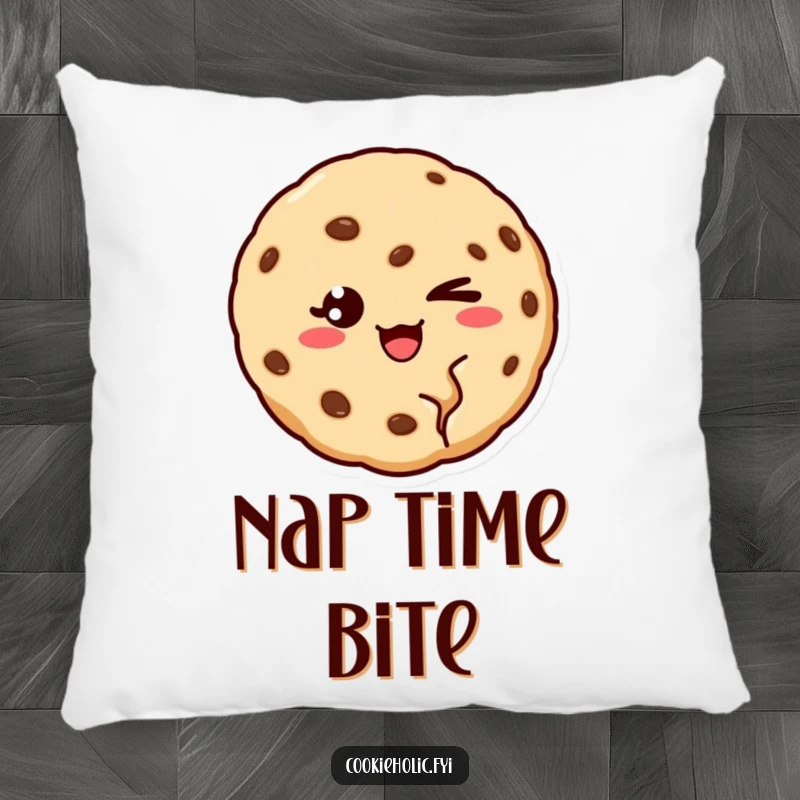 Funny pillow with a cookie, missing a bite, winking charmingly, offering comfort and playful vibes.