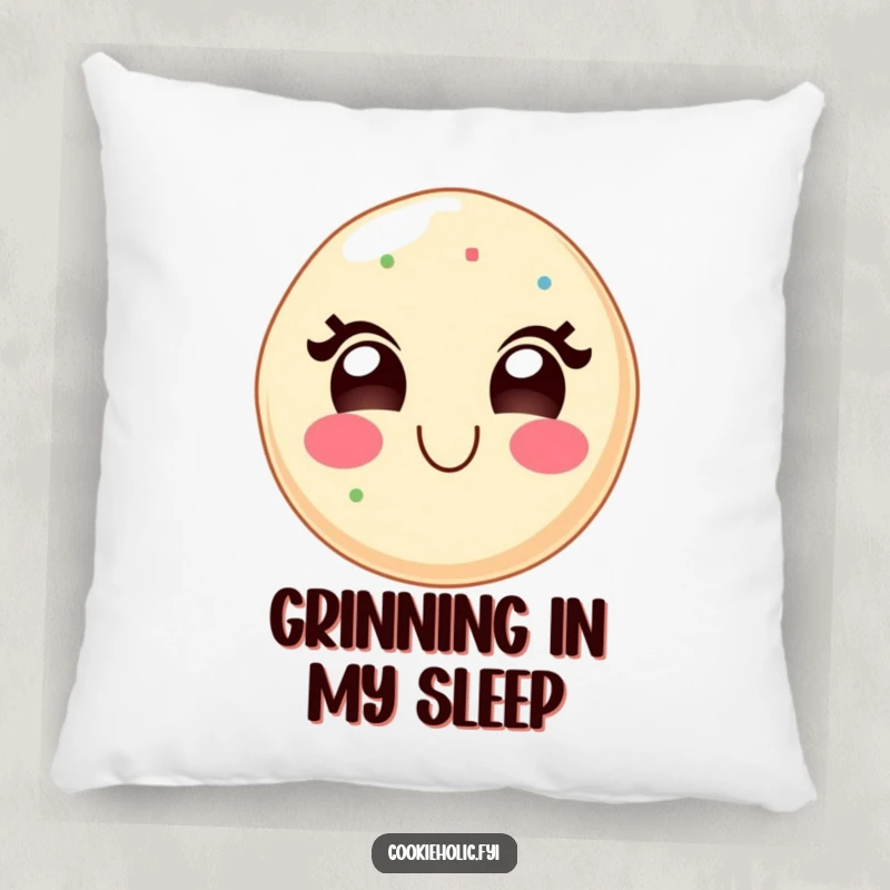 Funny decorative pillow showing a kawaii sugar cookie character with a wide, delighted grin, bringing sweet and happy vibes.