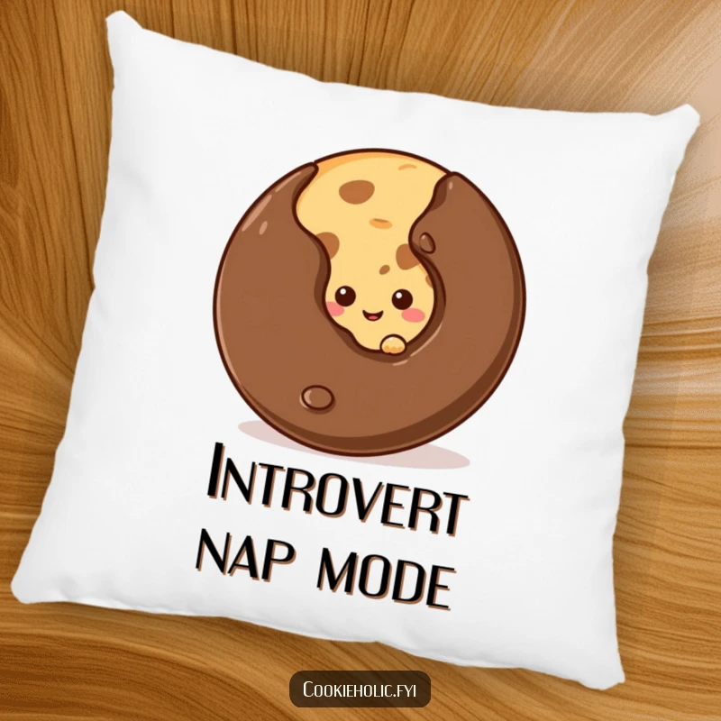 Funny shy cookie pillow showing a cookie peeking from behind a chocolate chip, perfect for cozy decor.