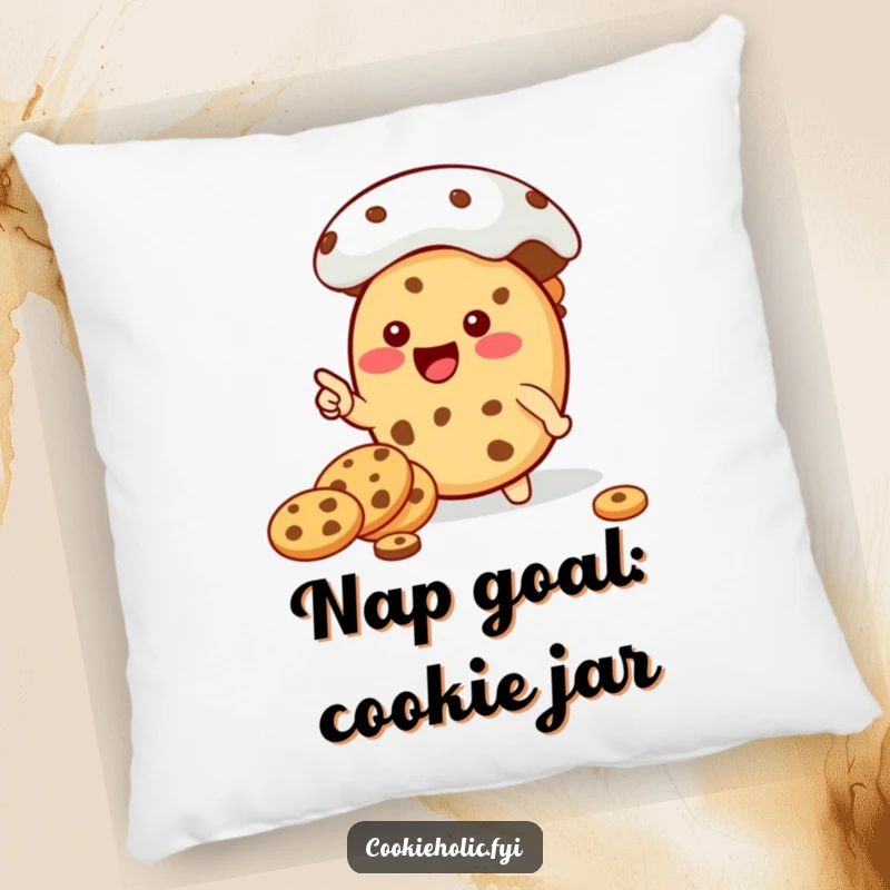Funny Kawaii cookie character pointing towards a giant cookie jar, depicted on a soft, funny accent pillow.