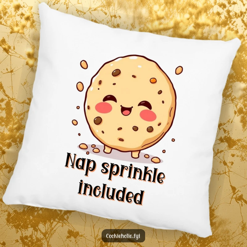 Funny rosy-cheeked cookie pillow, featuring a cookie joyfully sprinkling crumbs, perfect for cozy and humorous home decoration.
