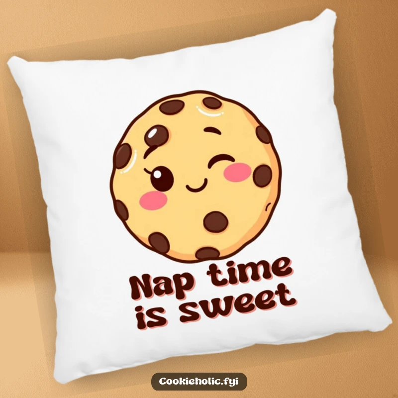 Funny winking chocolate chip cookie pillow, a soft and cute accent for couches or beds, adding humorous charm to any room.