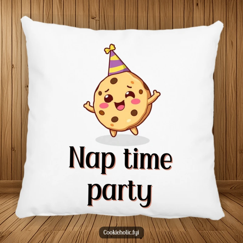 Funny pillow showcasing a cookie character in a party hat, joyfully spinning with festive abandon.