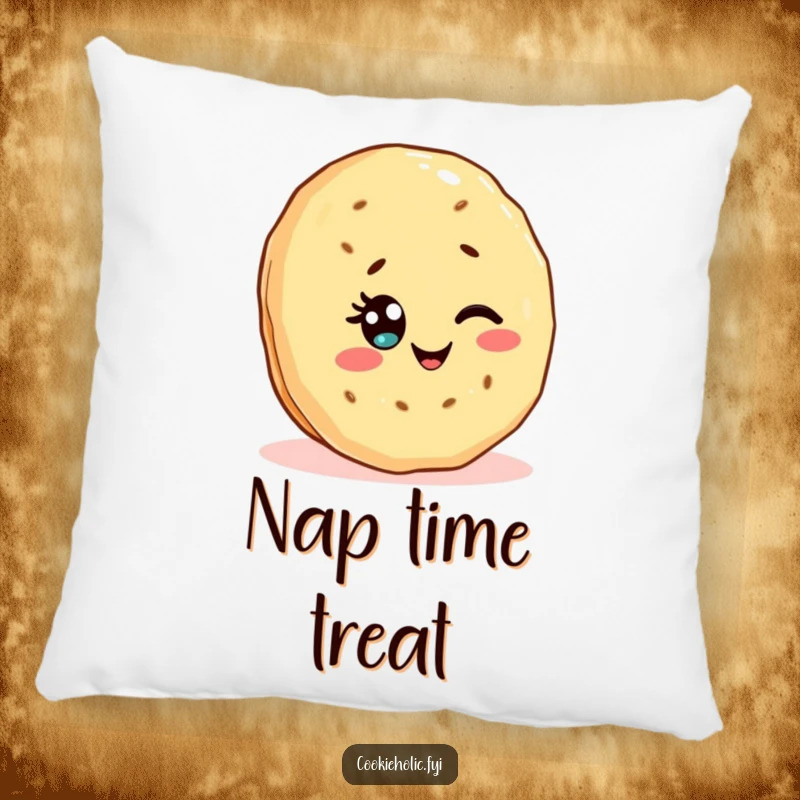 Funny pillow with a Kawaii shortbread cookie character winking with a sprinkle eye, offering comfort and playful sweetness.