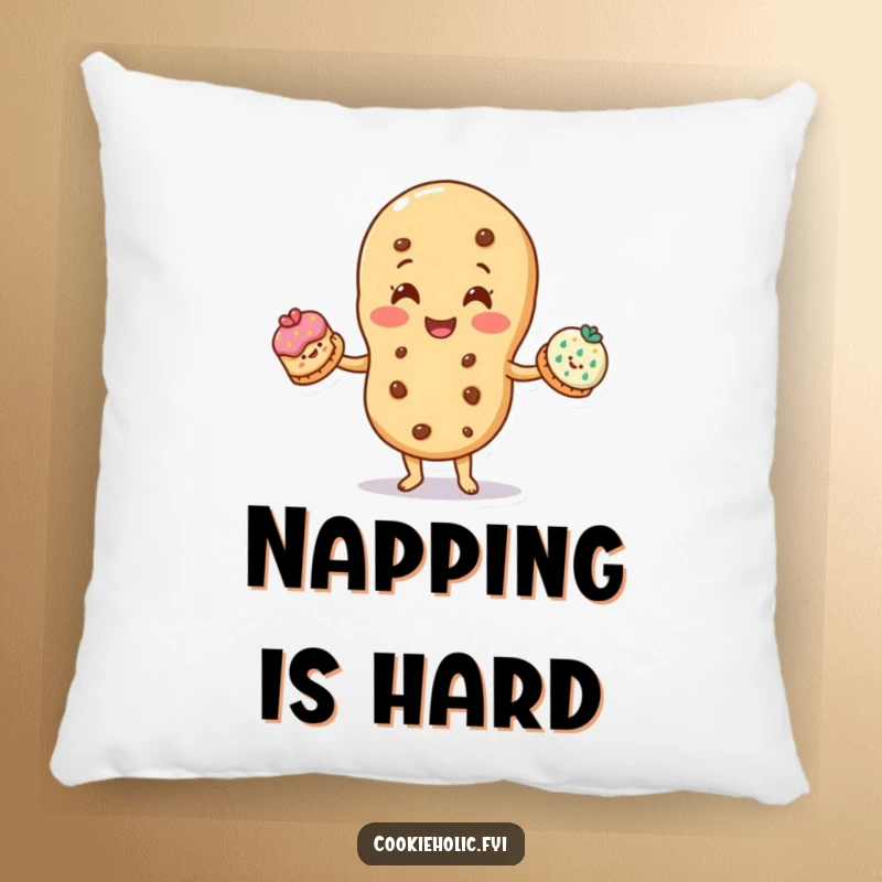 Funny pillow: A smiling cookie character juggles three smaller, decorated cookies, representing skill and balanced talent.