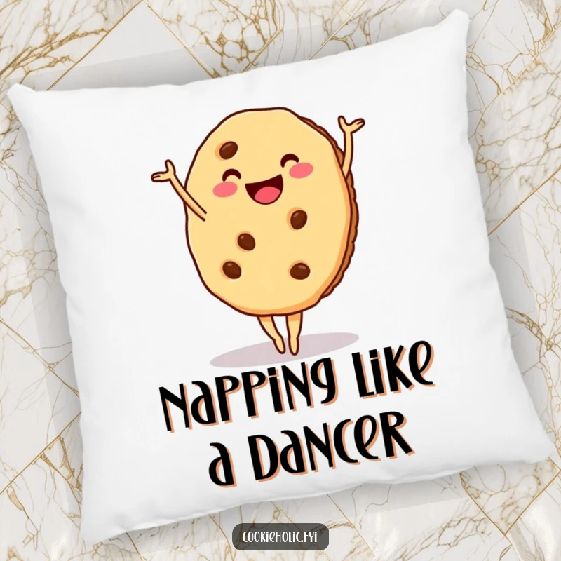 Funny cookie pillow showing a smiling cookie in a ballet pose, perfect for cozy decor.