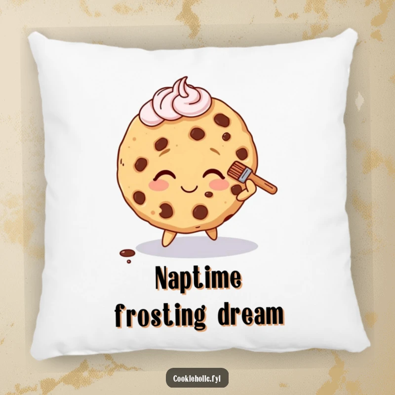 Funny pillow showcasing a cookie character tripping slightly, smiling, and brushing off frosting with a positive outlook.