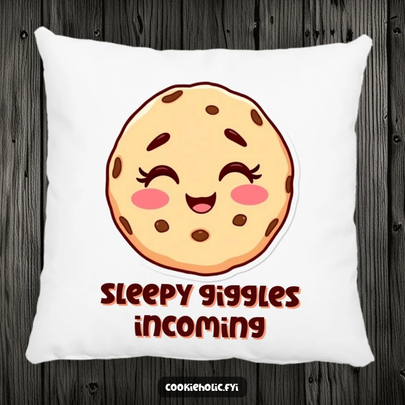 Funny pillow with a cookie character sporting a happy, messy face, captured in a moment of sweet giggling.
