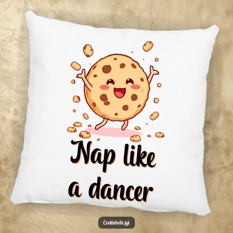 Funny cookie dance pillow featuring a happy cookie dancing energetically and scattering crumbs, providing cozy, humorous comfort.