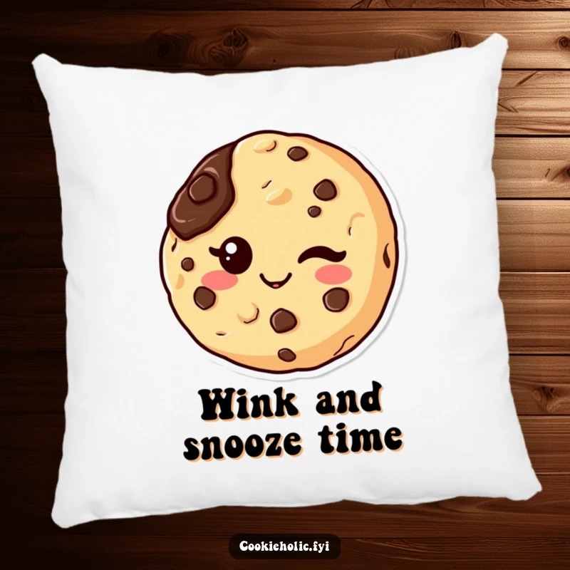 Funny decorative pillow showing a kawaii chocolate chip cookie character winking, with a chocolate smudge, bringing cheeky comfort.