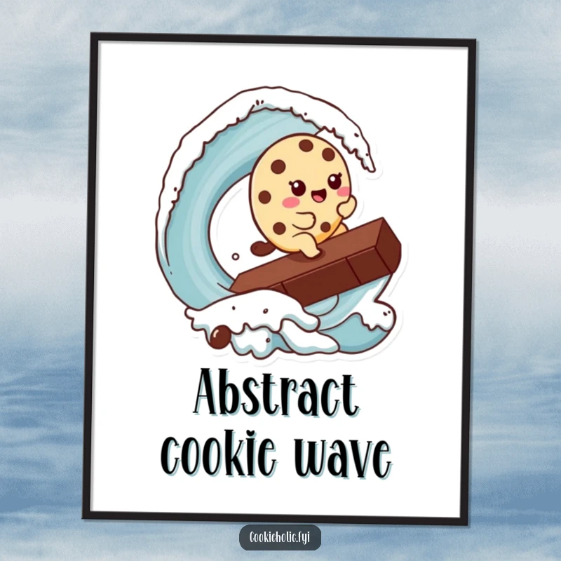 Funny Kawaii cookie character surfing a giant chocolate chip wave, as a digital art print for instant humorous decor.