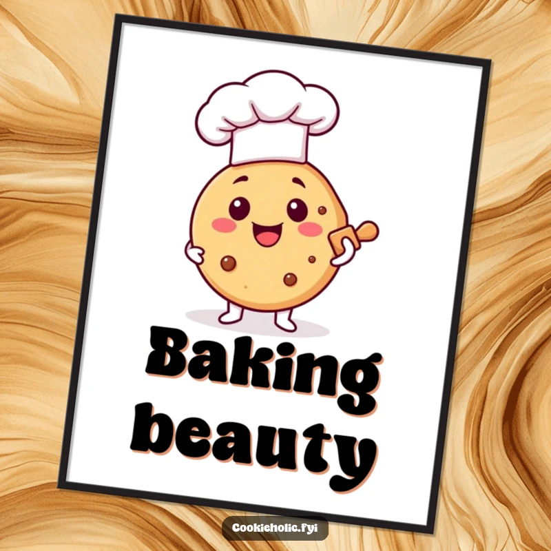 Funny digital art print of a happy cookie chef holding a rolling pin, embodying baking fun and sweetness.